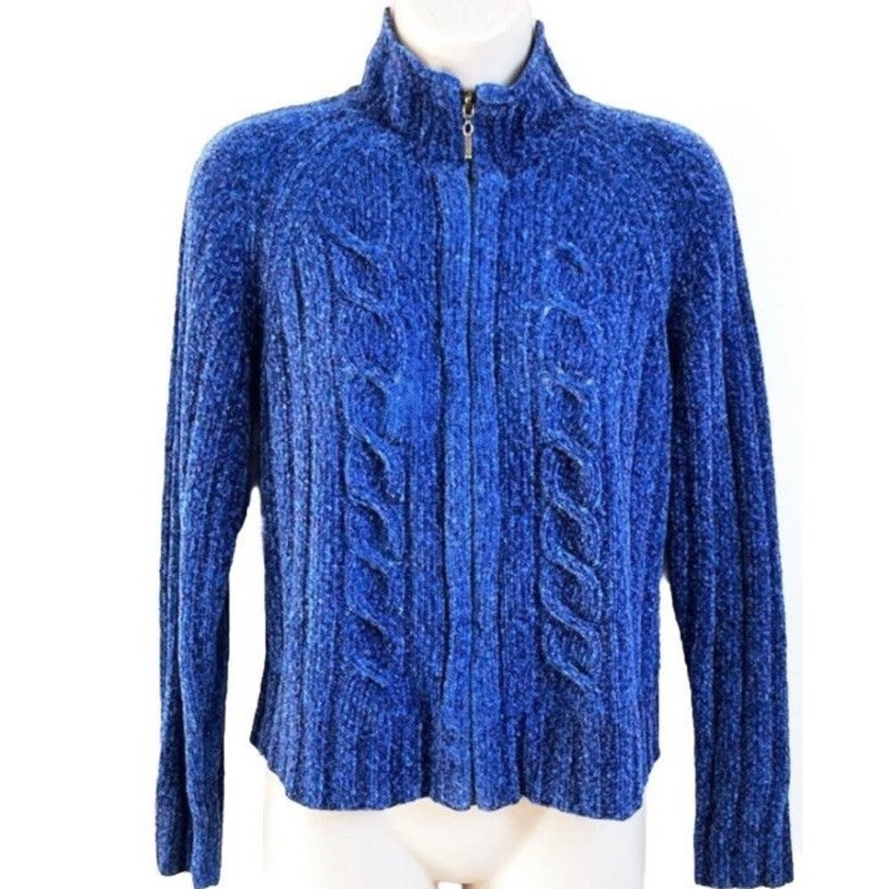 VTG Y2K Evan Picone Soft Knit Full Zip Long Sleeve Cardigan Sweater Blue L